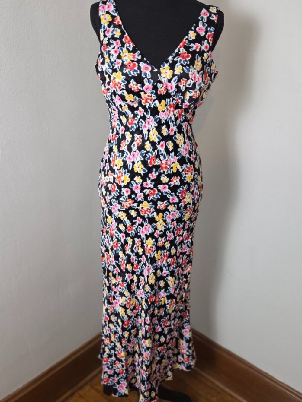 LOFT Black Floral Maxi Dress with Pink & Yellow Blooms
